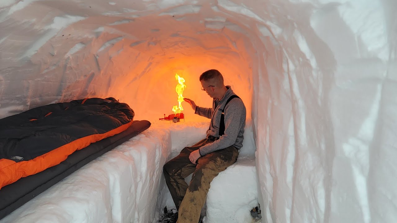 Dugout Shelter Under 10ft (3m) of Snow - Solo Camping in Survival Shelter During Snow Storm 16 hq720 2719