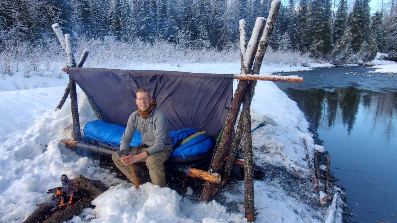 HOT ROCKS in my Bushcraft Cot - Winter Camping in Alaska with a Survival Shelter 26 hq720 2731