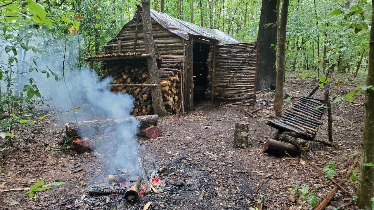 Bushcraft Log Cabin Camping in Rain Storm - Repairing and upgrading my survival shelter with my son 25 hq720 2797