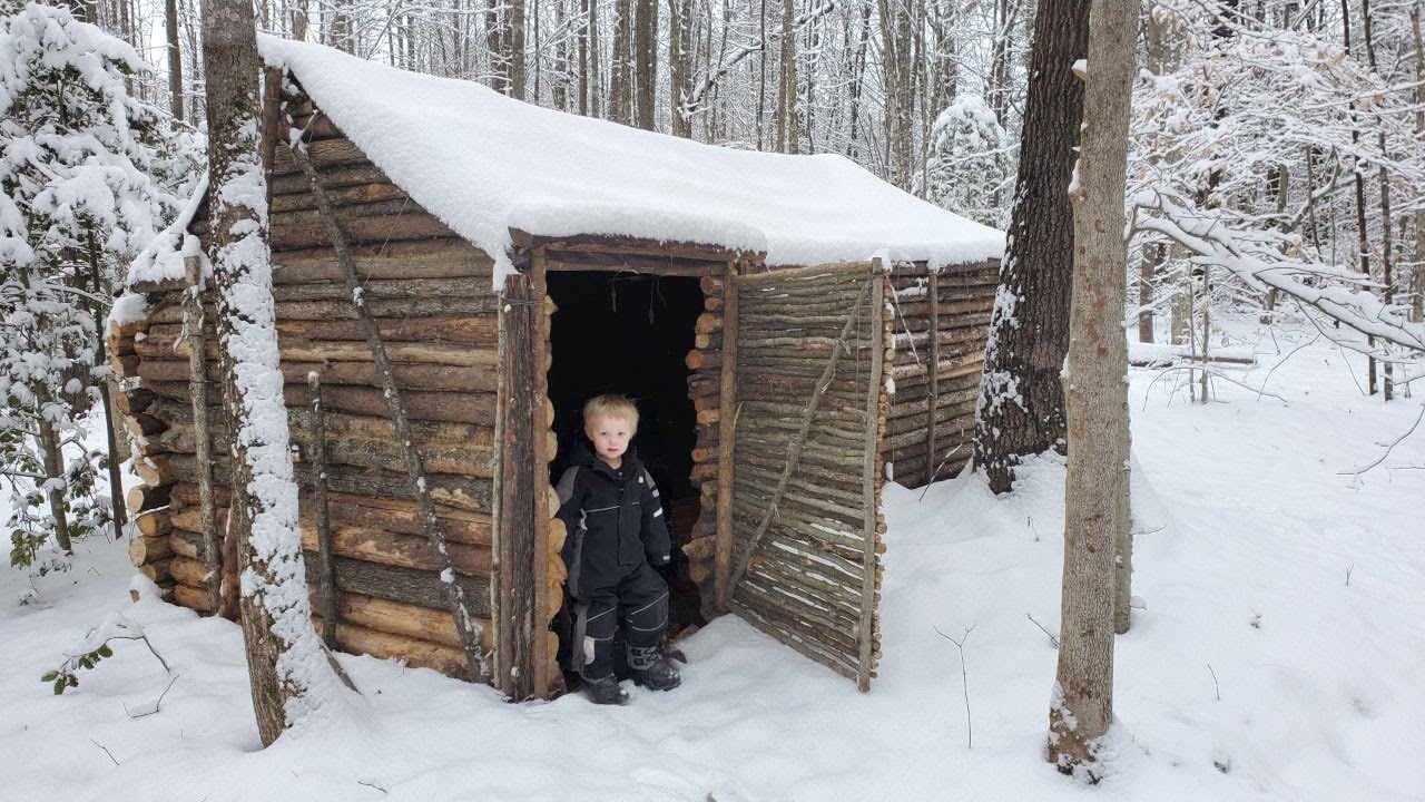 Building Log Cabin By Hand - 9 Days Winter Camping with 3 yr Old in Bushcraft Primitive Shelter 22 hq720 2827