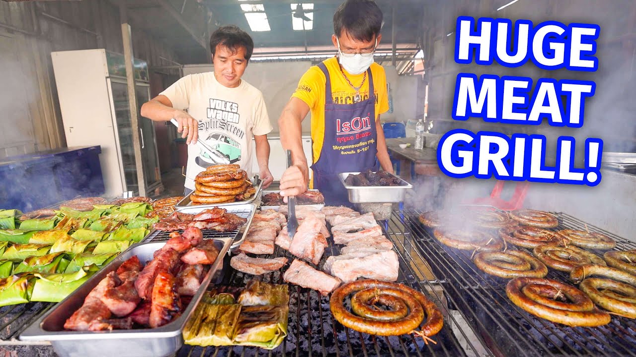 Thai Street Food - HUGE MEAT BBQ!! Sausage Coils + Curry Noodles in Mae Sariang, Thailand! 24 hq720 383